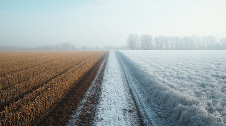 A stunning winter scene showcasing a frosty field beside a rich golden harvest crop, illuminated by gentle morning light, creating a serene and tranquil atmosphere.の素材