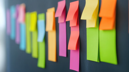 A vibrant display of colorful sticky notes on a black surface, perfect for conveying ideas, reminders, and creativity in an office or educational environment.の素材