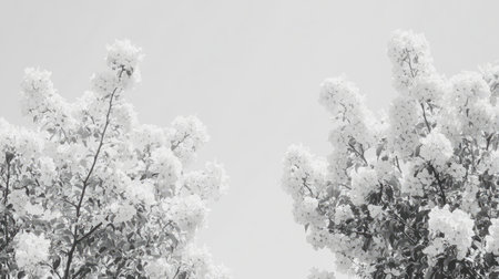 This monochrome image beautifully captures blooming white flowers on trees against a soft background, evoking feelings of serenity and natural beauty.の素材