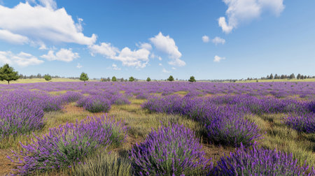 A breathtaking view of a vibrant lavender field stretches towards the horizon under a bright blue sky filled with fluffy white clouds. The serene landscape invites tranquility.の素材