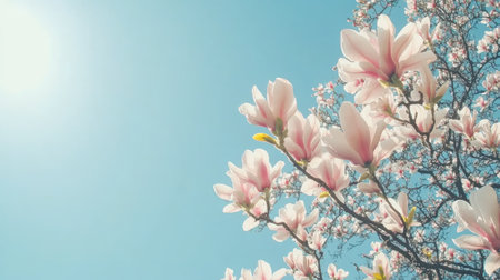 A stunning display of magnolia flowers in full bloom against a clear blue sky. The sunlight enhances the beauty of the delicate petals in this serene spring setting.の素材