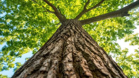 A captivating view of a tall tree taken from below, surrounded by vibrant green leaves and bright sunlight filtering through, representing the beauty of nature.の素材