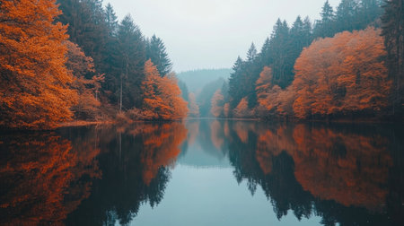 Experience the tranquility of an autumn landscape where vibrant orange trees line a calm river, reflecting the serene beauty of nature in a misty forest setting.の素材