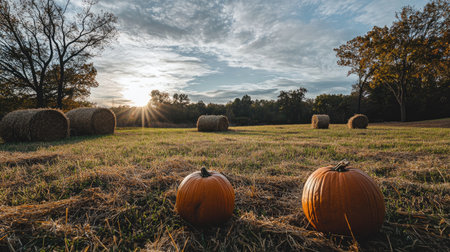 A beautiful autumn scene featuring pumpkins resting on hay with bales nearby, set against a scenic sunset view, showcasing the calmness of nature in a rural field.の素材