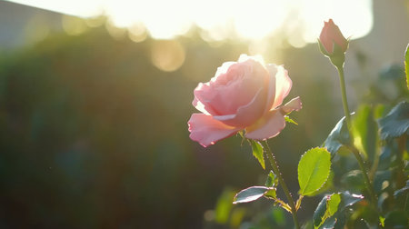 A stunning close-up of a pink rose bathed in soft sunset light, showcasing its delicate petals and green leaves, symbolizing beauty and tranquility in nature.の素材