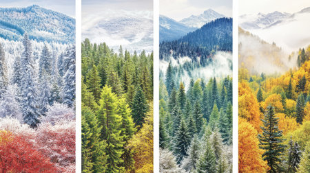 Explore the stunning transformation of forest landscapes across the seasons, showcasing vibrant colors and serene beauty from winter to autumn in nature's embrace.の素材