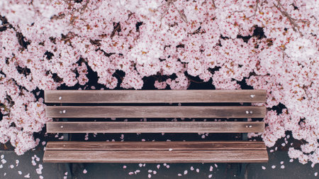 A tranquil scene featuring a wooden bench surrounded by a stunning display of pink cherry blossoms and fallen petals, embodying the beauty of spring nature.の素材