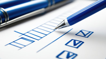 A blue pen rests on a white checklist paper, featuring empty boxes and completed check marks. This image symbolizes organization and task completion in a professional setting.の素材