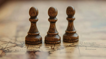 Three wooden chess pawns set against an antique map, representing strategy and competition in both chess and life. Perfect for games and planning themes.の素材