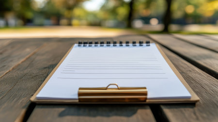 A blank notebook rests on a wooden table in a peaceful park, inviting creativity and reflection. The sunlight filters through lush trees, enhancing inspiration.の素材