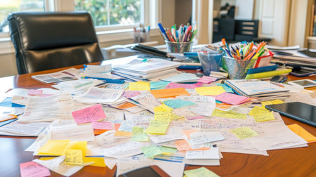A busy office desk featuring a mix of scattered papers, colorful sticky notes, and various stationery items, capturing the essence of a creative and productive workspace.の素材