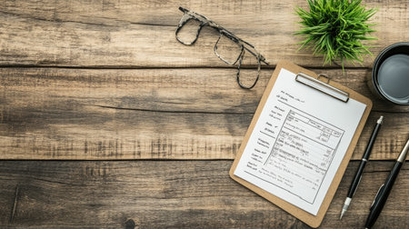 A flat lay image featuring a document on a clipboard, accompanied by a coffee mug, glasses, and a green plant on a rustic wooden desk, perfect for workspace projects.の素材