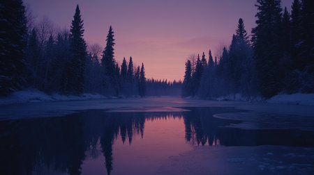 A breathtaking winter landscape showcases a twilight sky reflecting on calm waters, framed by tall pines, evoking peace and tranquility in nature's serene beauty.の素材
