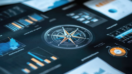 Explore a comprehensive visual representation of business data analytics featuring charts, graphs, and a compass design, ideal for enhancing strategic insights and planning.の素材