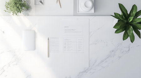 A serene and minimal workspace featuring a document, greenery, and tasteful stationery on a marble table. The composition highlights simplicity and elegance.の素材