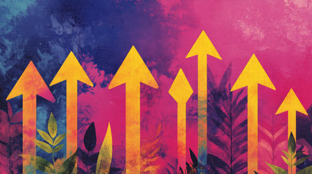 A captivating abstract background showcasing vivid arrows surrounded by rich foliage, symbolizing growth and dynamic movement in an artistic and colorful manner.の素材