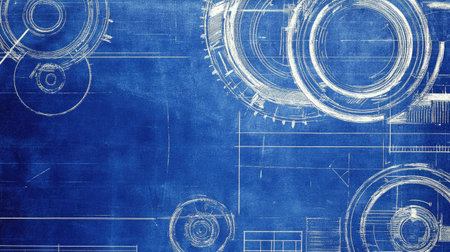 This captivating blueprint design features intricate circular gears and technical lines on a vibrant blue background, perfect for engineering or creative projects.の素材