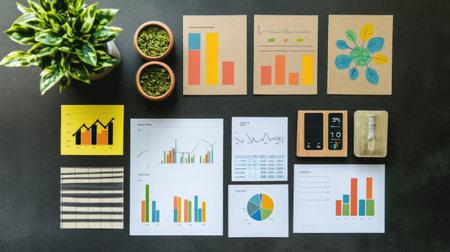 A visually engaging workspace featuring colorful charts and graphs alongside planters, ideal for presentations, data analysis, and professional brainstorming sessions.の素材
