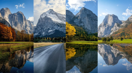 Captivating landscape featuring majestic mountains with clear skies and vibrant colors. A serene reflection in water enhances the beauty of nature's four seasons.の素材