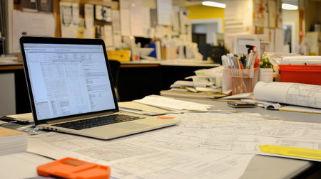A detailed view of a design studio workspace featuring a laptop, blueprints, and various office supplies, showcasing an organized yet creative environment for design professionals.の素材