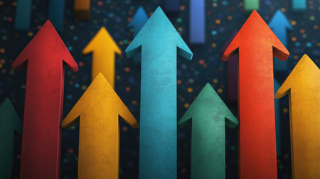 A dynamic composition of colorful arrows pointing upward, set against a dark background, representing growth, progress, and positive change in various fields.の素材