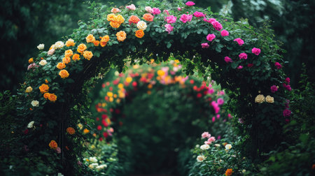 A stunning floral archway adorned with vibrant roses in various colors creates a picturesque scene in a lush garden, inviting exploration and tranquility.の素材