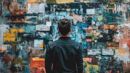 A person stands in front of a vibrant abstract painting, engaging with the creative expression in a contemporary gallery, experiencing emotions of modern art.の素材