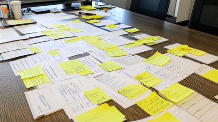 A vibrant office scene features a table cluttered with papers and bright sticky notes, showcasing an active brainstorming session and teamwork in a modern environment.の素材