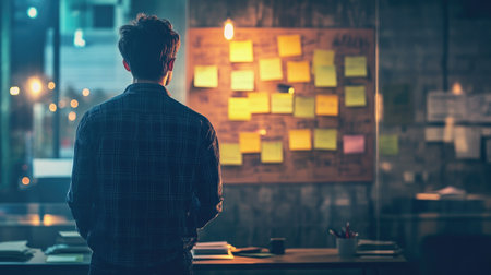 A person stands in a dimly lit workspace, contemplating colorful sticky notes. This scene captures creativity, reflection, and the journey of inspiration at night.の素材