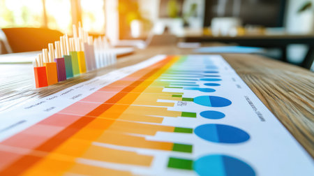 A vibrant depiction of data visualization featuring colorful graphs and charts laid out on a wooden table, perfect for showcasing modern business analytics and trends.の素材