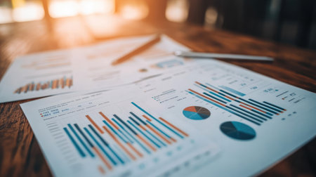 A close-up view of business reports displaying colorful graphs and charts for analysis resting on a wooden table. A writing instrument complements the workspace setting.の素材