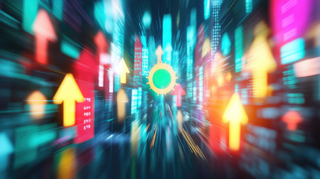 This image captures an imaginative portrayal of digital growth with glowing arrows against a futuristic city backdrop, symbolizing business advancements and trends.の素材