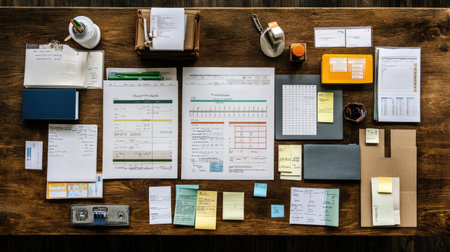 A well-organized workspace featuring financial documents, notebooks, sticky notes, and various office supplies, promoting an efficient work environment and productivity.の素材