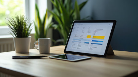 A modern workspace featuring a digital tablet, coffee mug, and pen on a wooden desk, complemented by greenery and natural light, ideal for productivity and creativity.の素材