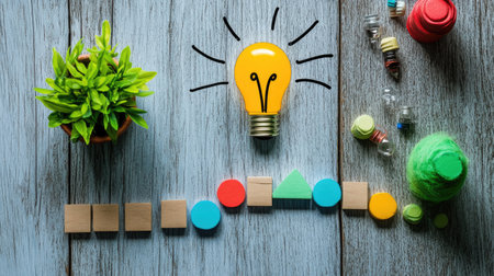 A vibrant workspace featuring a plant, colorful blocks, and yarn, accentuated by a light bulb symbolizing creativity and innovation, perfect for arts and crafts.の素材
