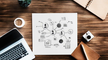 A modern workspace showcasing a laptop and notebook alongside a hand-drawn network diagram. Perfect for illustrating creativity, planning, and collaboration in business.の素材
