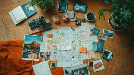 Artistic workspace displays a vibrant collection of travel photos, sketches, notes, and a vintage camera, surrounded by plants. A cozy environment fosters creativity and inspiration.の素材