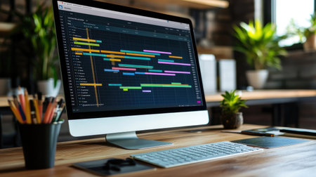 A stylish workspace featuring a sleek desktop computer with a vibrant Gantt chart on the screen, perfect for project management and enhancing work efficiency.の素材