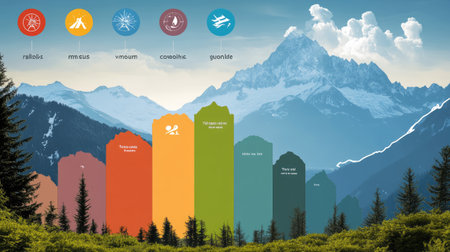 This stunning mountain landscape showcases bright infographic elements against a breathtaking backdrop, perfect for promoting outdoor adventures and travel themes.の素材