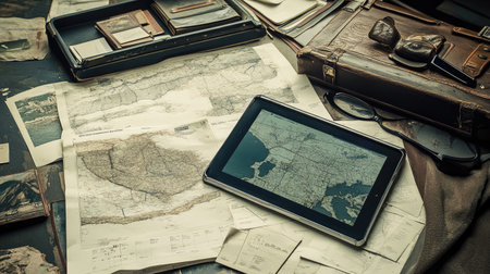 A captivating flat lay showcasing a vintage travel setup with historical maps, a sleek tablet, an elegant leather suitcase, and scattered photographs on a rustic wooden table.の素材