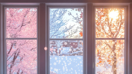 A captivating view from a window showcases the beauty of transitioning seasons, featuring blooming cherry blossoms paired with delicate snowflakes, evoking tranquility.の素材