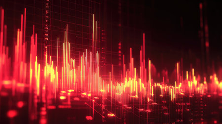 A captivating abstract representation of sound waves in intense red tones, showcasing the energy and rhythm of audio in a visually stunning design. Perfect for tech use.の素材