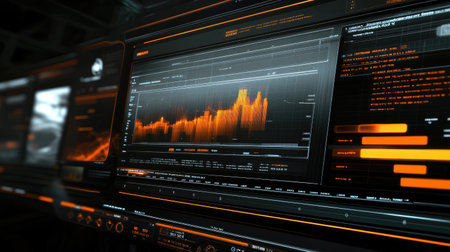Explore a modern data visualization interface featuring vibrant orange and black colors, designed for technology and finance applications, showcasing trends and performance metrics.の素材