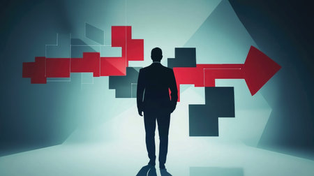 A powerful silhouette of a businessman stands against abstract shapes and arrows, symbolizing choices and opportunities in a dynamic corporate environment.の素材
