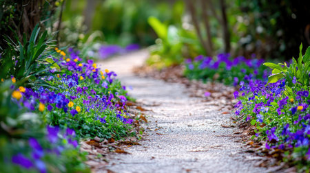 A tranquil garden pathway lined with a burst of colorful flowers creates a serene escape into nature's beauty, inviting peaceful walks and moments of reflection.の素材