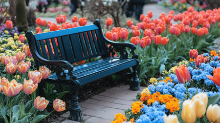 A charming black bench stands amid a riot of colorful tulips and flowers, creating a picturesque garden scene ideal for relaxation and connecting with nature.の素材