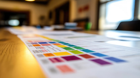 A beautifully arranged workspace features vibrant color swatches on a textured wooden table, illuminated by natural light, inspiring creativity in a modern office setting.の素材