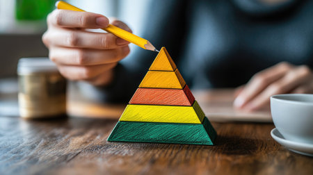 A vibrant wooden pyramid toy is being held as a pencil is poised above it, symbolizing play and learning in a cozy, inviting environment.の素材