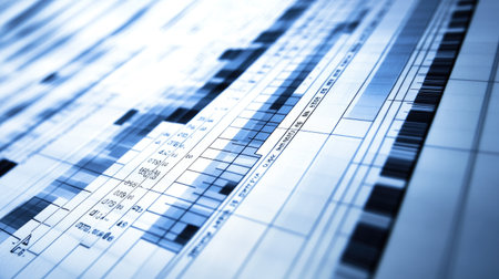 Dynamic abstract data visualization showcasing blue and gray tones with numbers, grids, and charts. It reflects modern analytics and financial reports in a sleek design.の素材