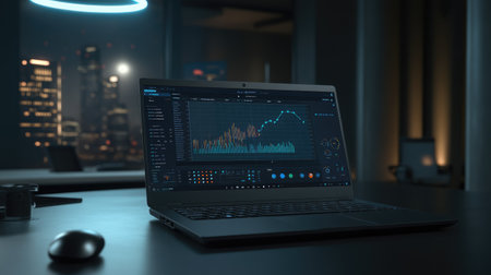 A sleek laptop with an engaging data analytics dashboard captures the essence of a modern office environment, emphasizing professional growth and insights at night.の素材